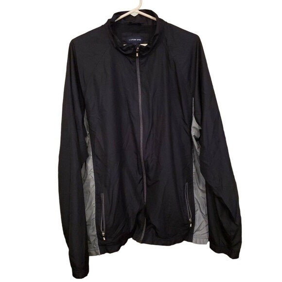 Lands' End Men's Jacket XL/T 46-48 Black Grey Full Zip Lightweight Packable - Picture 1 of 7